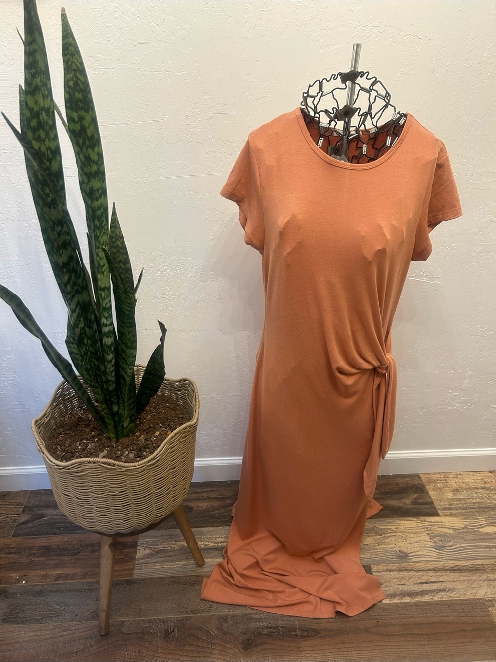 Be Cool Rust Tie Waist Midi Dress Side Slit Soft Stretch Large